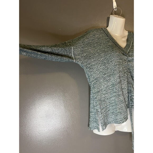 Waffle Knit Sweater Womens Green White V Neck Long Sleeve Drawstring Hem - Picture 4 of 5